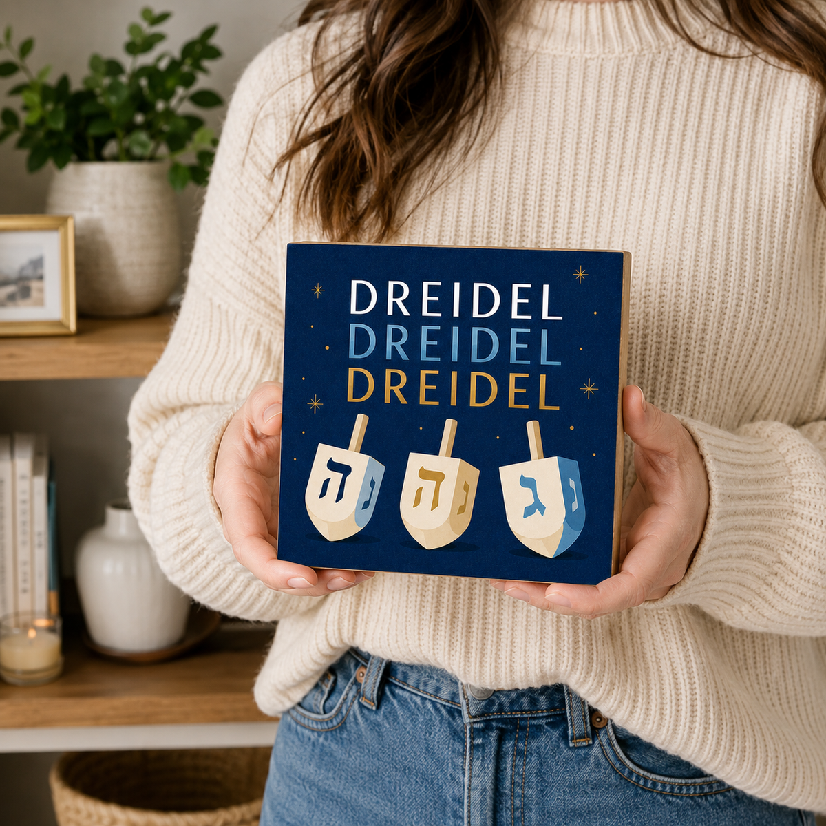 A person in a cream knit sweater holds a square navy blue box printed with the word 'DREIDEL' repeated in white, light blue, and gold, above three dreidels. The photo is taken indoors on a shelf background with plants and books.