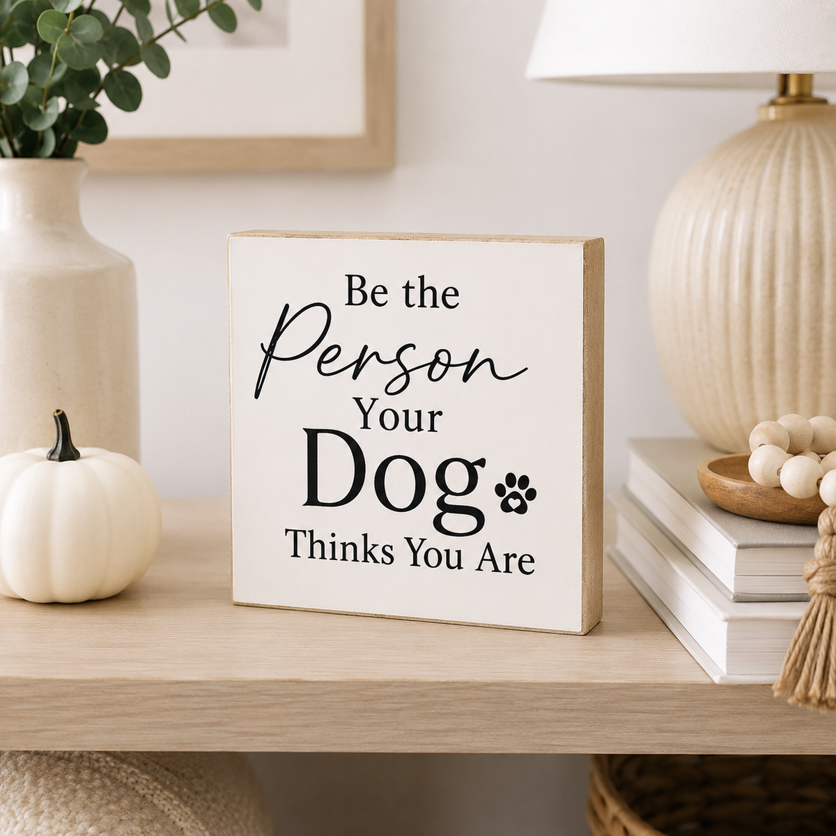 A square decorative wooden sign with a white face and natural wood edges, printed with the phrase 'Be the Person Your Dog Thinks You Are' in black lettering with a small paw print. The sign is styled on a light wood shelf next to a small white pumpkin, books, a lamp, and a vase.