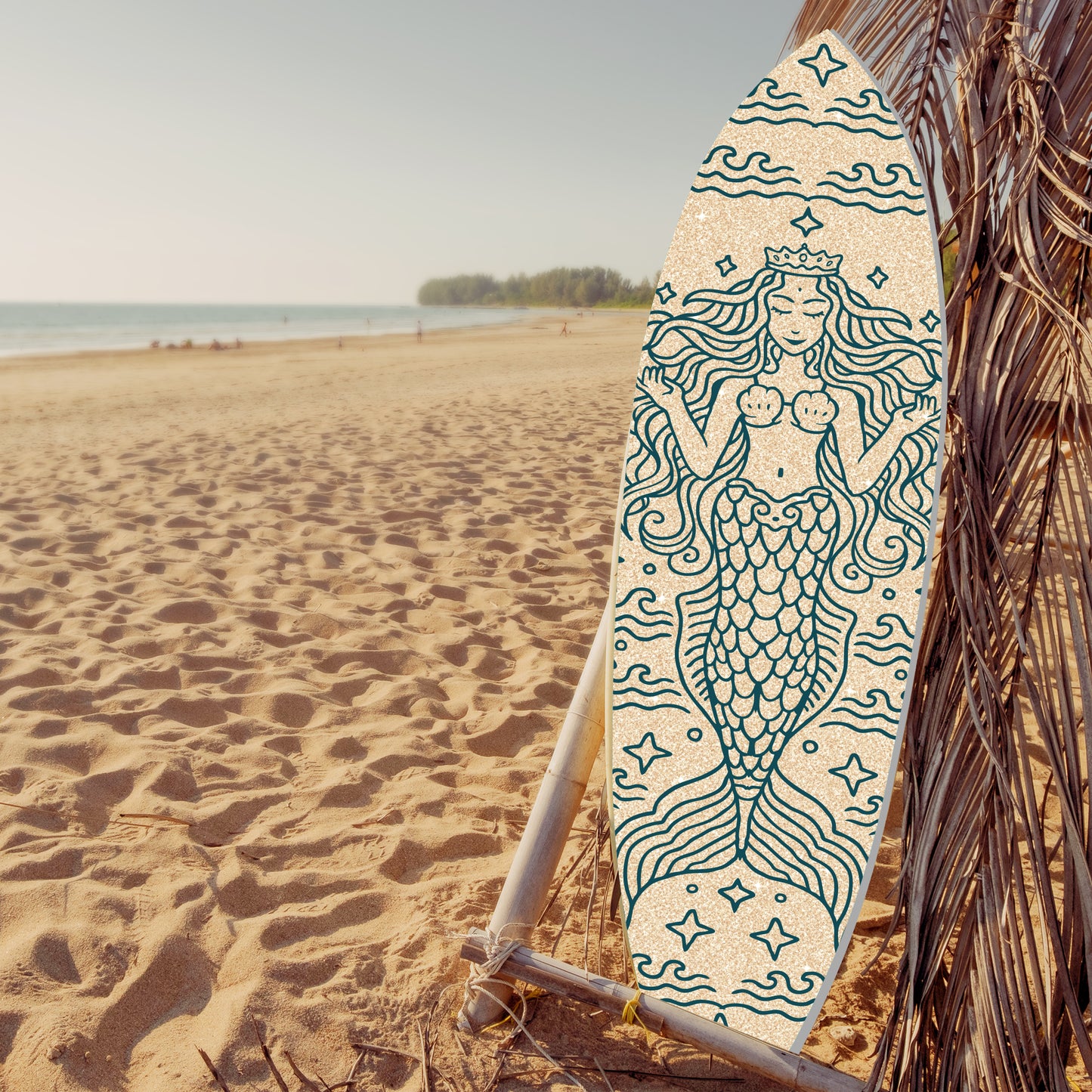 Outdoor Mermaid Surfboard Wall Art – Weatherproof PVC – Coastal Mermaid Sign for Beach House or Pool Area, Sand 3ft