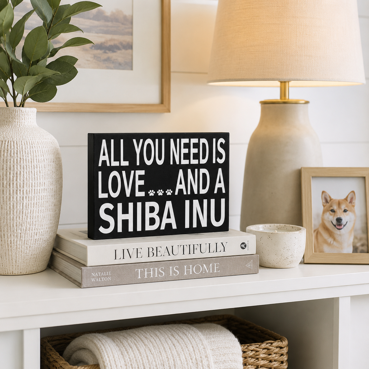 A black wooden sign with white text reading 'ALL YOU NEED IS LOVE.