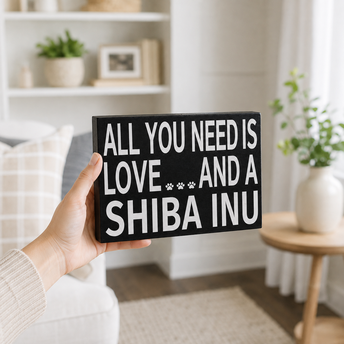 A hand holds a black rectangular sign with white text that reads 'ALL YOU NEED IS LOVE *** AND A SHIBA INU' in a cozy, brightly lit living room setting.