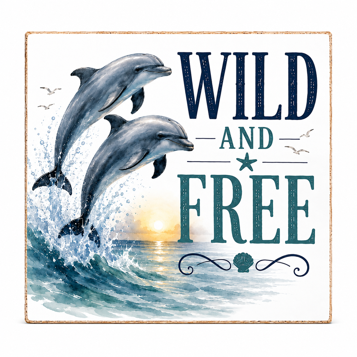 Square decorative wall sign featuring two leaping dolphins in blue-gray tones over ocean waves at sunset, with the words “WILD AND FREE” in large navy and teal lettering on a white background.
