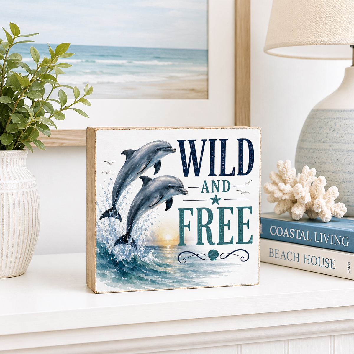A square decorative sign with a light wood border stands on a white shelf in a styled room. The sign features an illustration of two leaping dolphins in blue-gray tones over ocean waves at sunset, with the words “WILD AND FREE” in large navy and teal lettering.