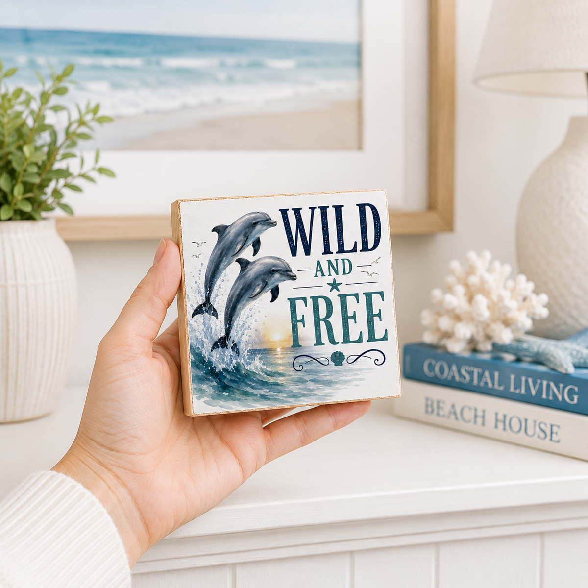 A hand holds a square decorative wooden sign featuring two leaping dolphins and the words “WILD AND FREE” in navy and teal lettering, set against a bright coastal-themed room background with a framed beach print, lamp, and books.