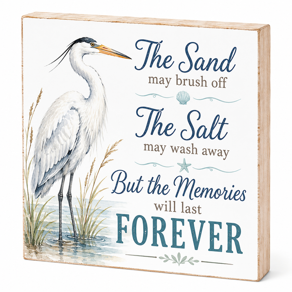 Decorative sign with a heron illustration and beach-themed text on a white background