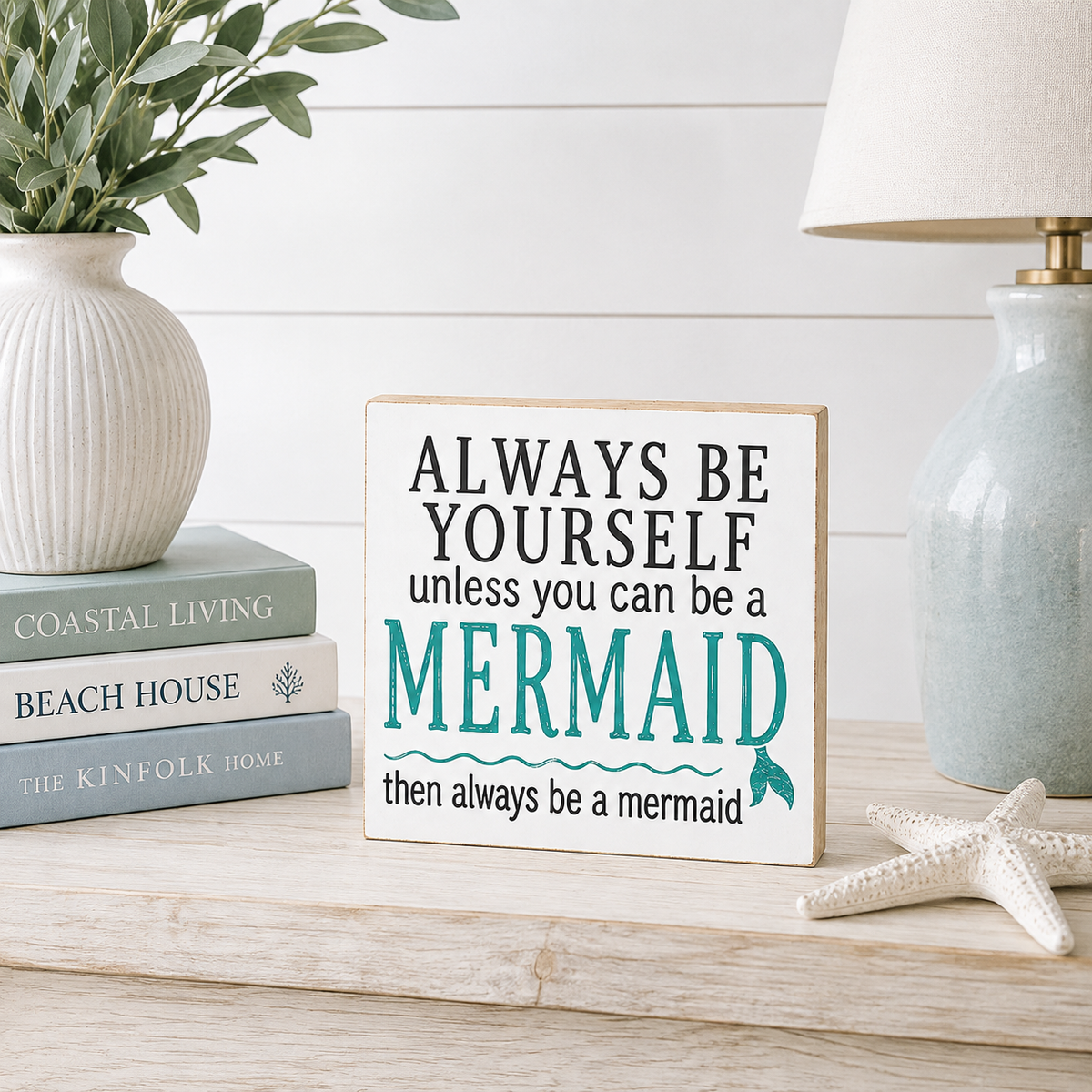 A square decorative sign with the phrase 'ALWAYS BE YOURSELF unless you can be a MERMAID then always be a mermaid' in black and teal lettering on a white background. The sign is styled on a light wood surface next to a white starfish, a blue-gray ceramic lamp, a white ribbed vase with greenery, and stacked books.