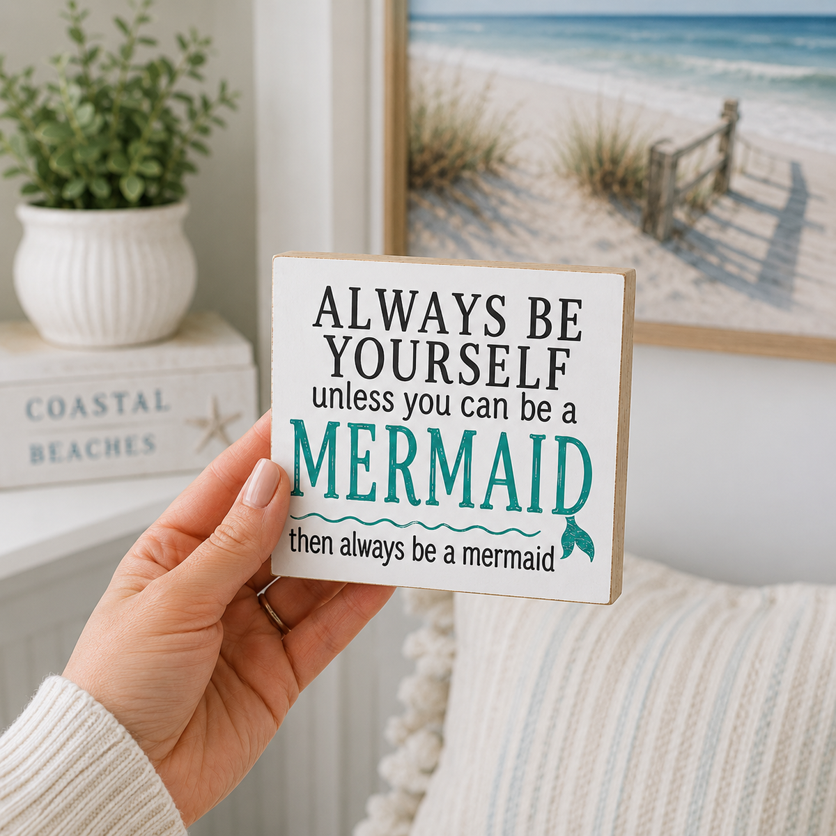 A hand holds a square wooden sign with the text 'ALWAYS BE YOURSELF unless you can be a MERMAID then always be a mermaid' in black and teal lettering. The background shows a cozy beach-themed room with a framed beach print, a potted plant, and a white ribbed knit blanket.