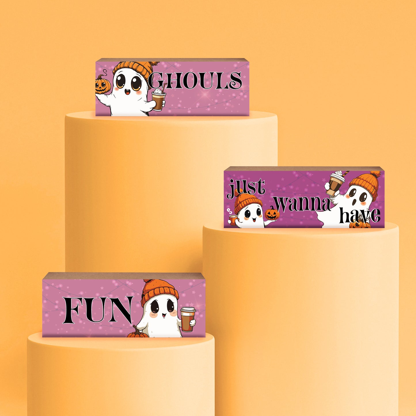 Ghouls Just Wanna Have Fun Cute Girl Ghosts Pink Pumpkin Spice Fall Decor, 3pc Halloween Wooden Block Set, Halloween Decorations