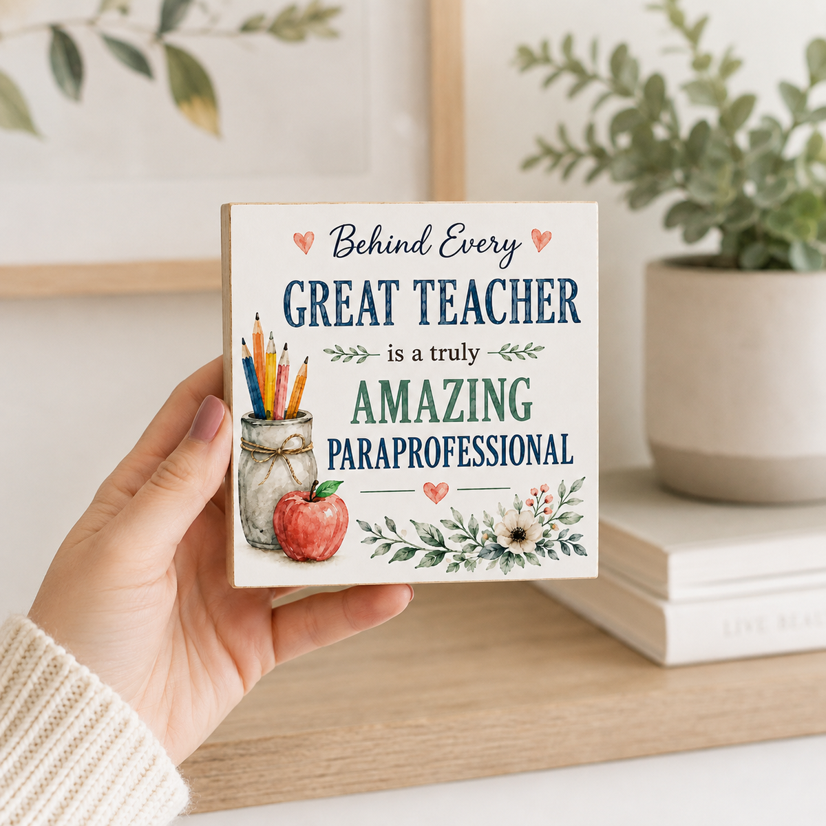 A hand holds a square decorative sign that reads “Behind Every GREAT TEACHER is a truly AMAZING PARaprofessional,” decorated with watercolor illustrations of an apple, pencils in a jar, and flowers. The background shows a softly blurred home office setting with a potted plant and books.