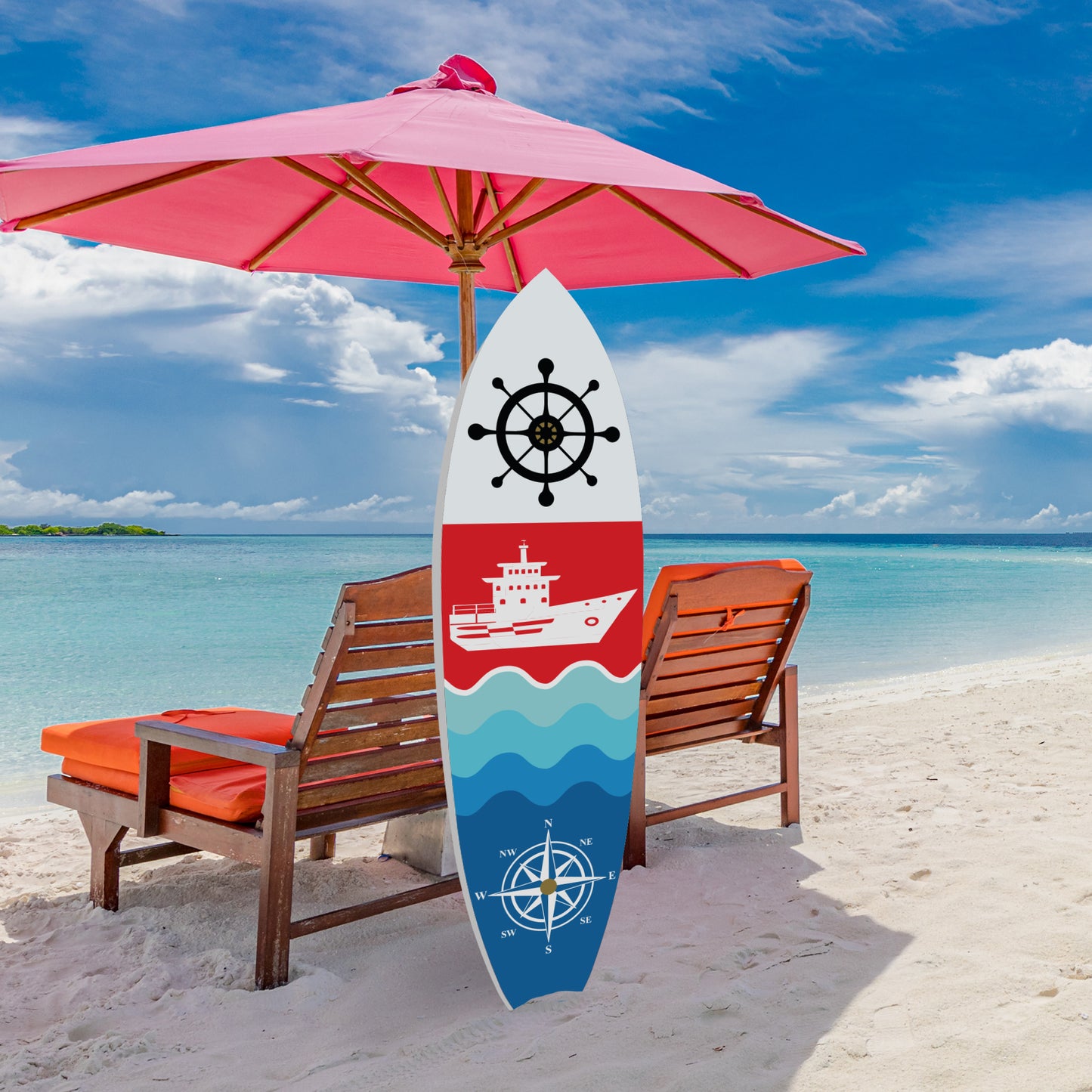 Outdoor Nautical Ship and Compass Surfboard Wall Decor, PVC, Indoor and Outdoor, 3 Foot