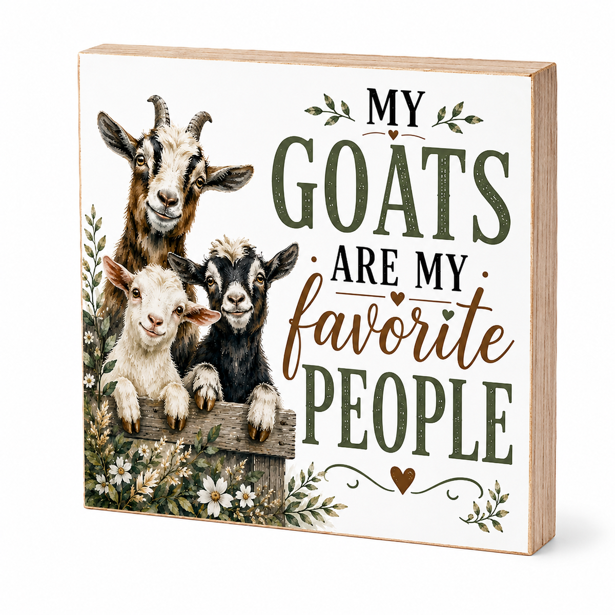 Square decorative wooden sign with a rustic design featuring three goats and the text 'MY GOATS ARE MY favorite PEOPLE' on a white front panel with a light natural wood border, shown on a clean white background.
