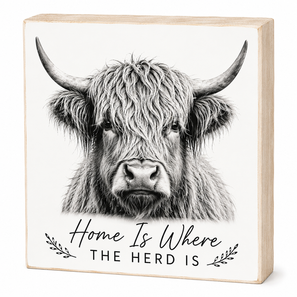 Decorative sign with a highland cow illustration and 'Home is where the herd is' text.