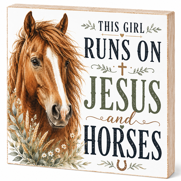 Decorative sign with a horse illustration and text 'This girl runs on Jesus and horses' on a white background.