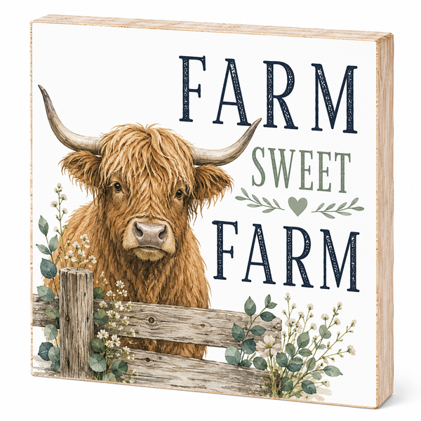 Decorative sign with a cow illustration and 'Farm Sweet Farm' text on a white background