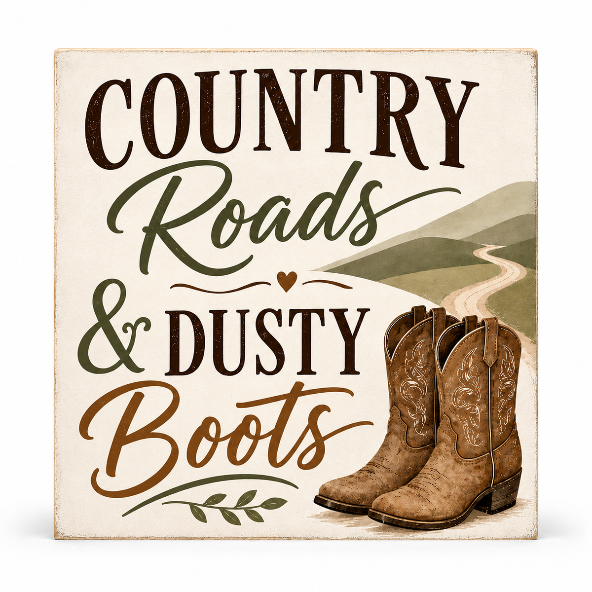 Square decorative sign with the phrase “COUNTRY Roads & DUSTY Boots” in large rustic lettering, plus an illustration of brown cowboy boots, a winding road, and green hills. The sign is shown on a plain white background.