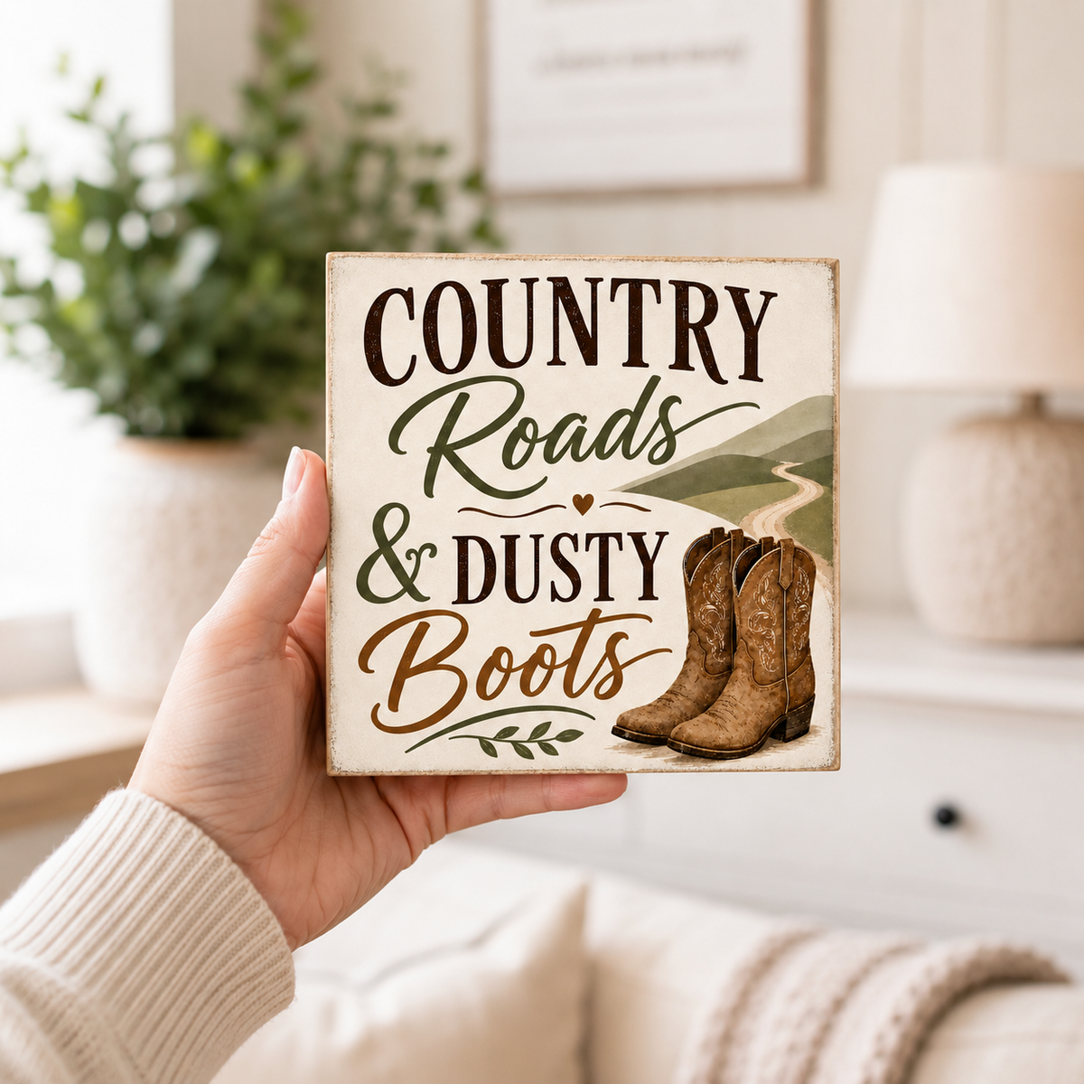 A hand holds a square decorative sign that reads “COUNTRY Roads & DUSTY Boots” with illustrated brown cowboy boots, green script lettering, and a small landscape graphic. The background shows a softly blurred living room with a lamp, sofa, and plant.