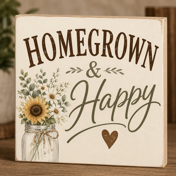 Decorative sign with 'Homegrown & Happy' text and floral design on a wooden background