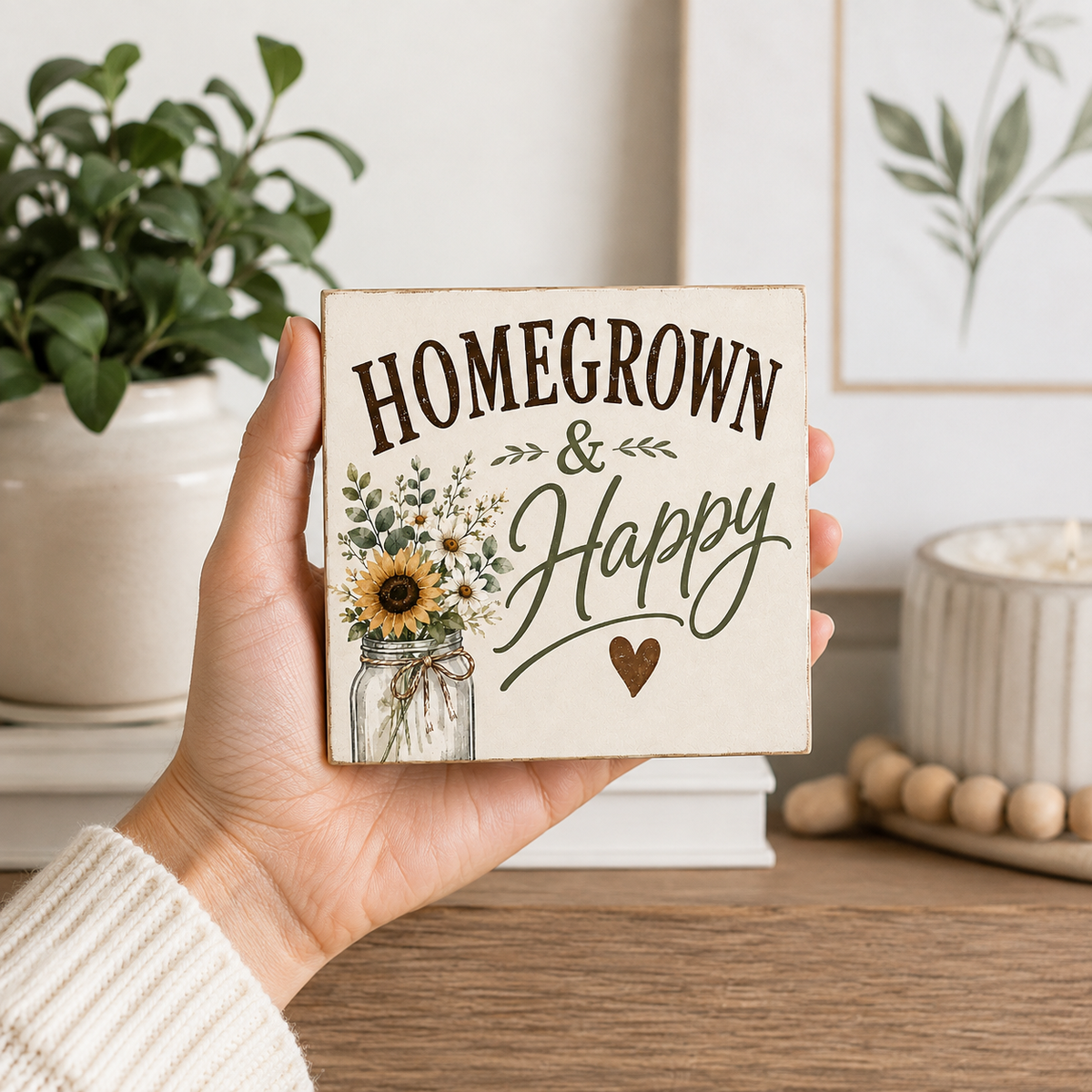A hand holds a square decorative wooden sign that reads 'HOMEGROWN & Happy' with a floral mason jar illustration. The scene is set on a wooden table with a potted plant and a candle in the background.
