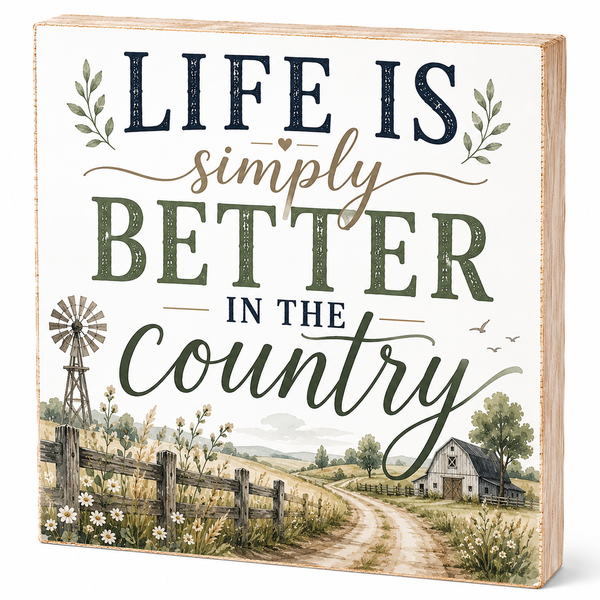 Decorative sign with 'Life is simply better in the country' text and a country scene illustration.