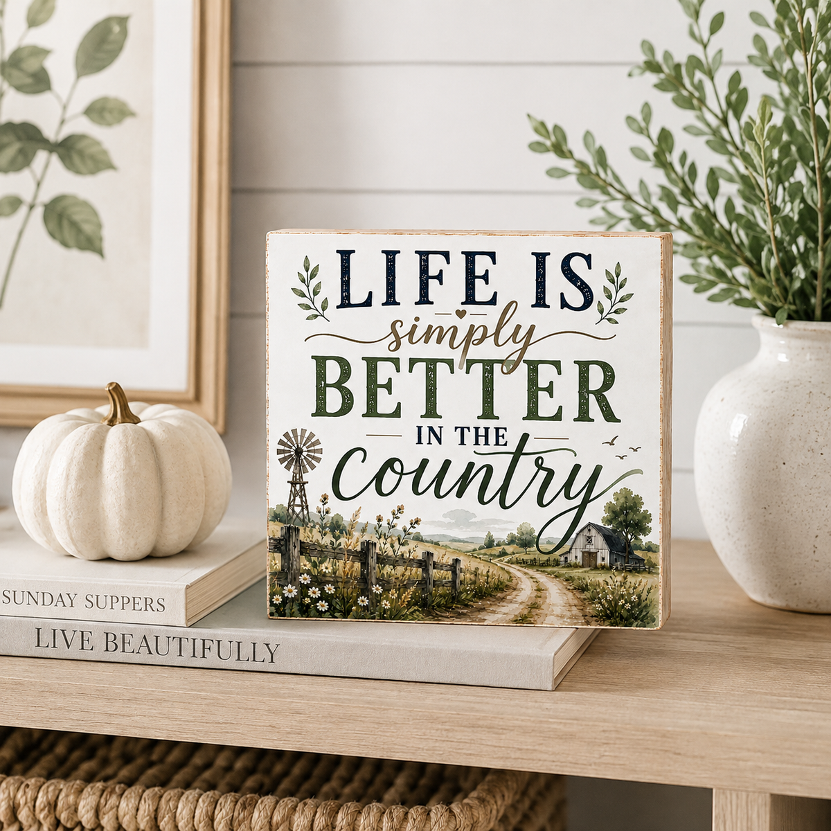 A square decorative sign with the phrase “LIFE IS simply BETTER IN THE country” in dark navy and green lettering, placed on a light wood shelf beside a small white pumpkin, a book, and a ceramic vase with greenery.