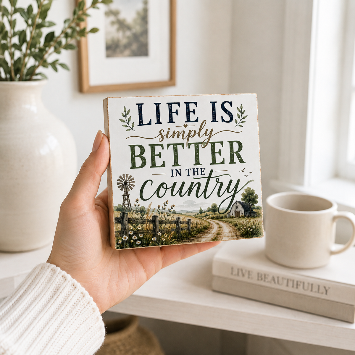 A hand holds a square decorative wooden sign with the phrase “LIFE IS simply BETTER IN THE country” over a rustic white table. The sign features a small farm illustration with a windmill, fence, and country road.