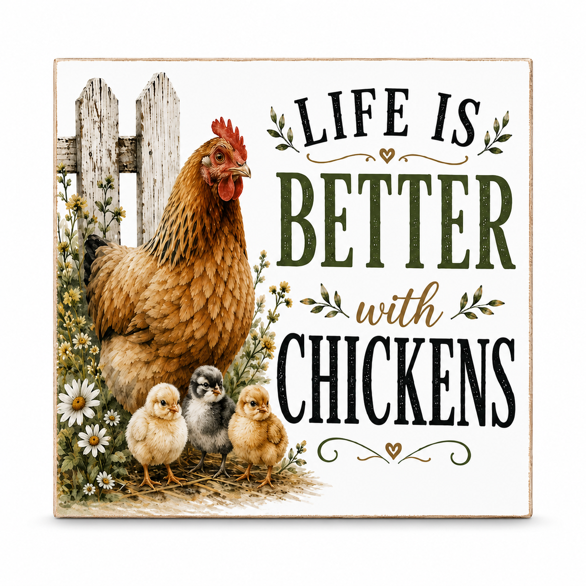 Square decorative sign with a rustic farm illustration showing a brown hen, three chicks, flowers, and a picket fence, alongside the phrase “LIFE IS BETTER with CHICKENS” in black and olive lettering on a white background.