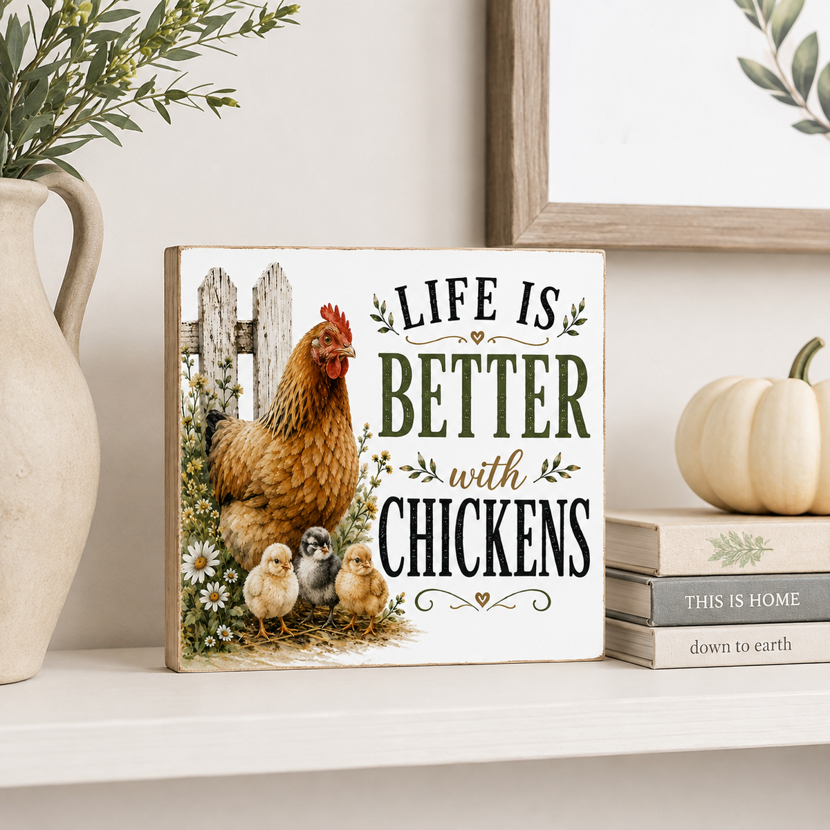 A decorative square sign on a white shelf reads “LIFE IS BETTER with CHICKENS” with an illustration of a brown hen and three chicks beside a white picket fence. The sign is styled in a home decor setting with a ceramic vase, books, and a small pumpkin.