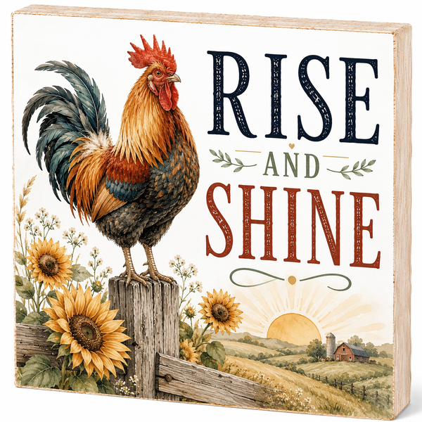 Decorative sign with a rooster, sunflowers, and 'Rise and Shine' text on a wooden background.