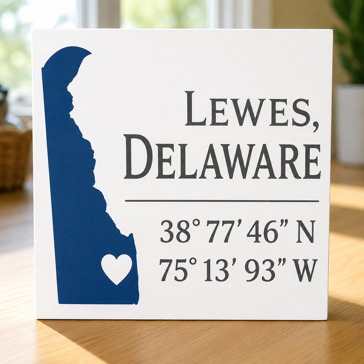 A square white decorative sign featuring the text 'LEWES, DELAWARE' in dark gray, coordinates '38° 77' 46" N' and '75° 13' 9" W', and a dark blue silhouette of Delaware with a small white heart. The sign is photographed standing on a wooden tabletop in a softly lit indoor setting.