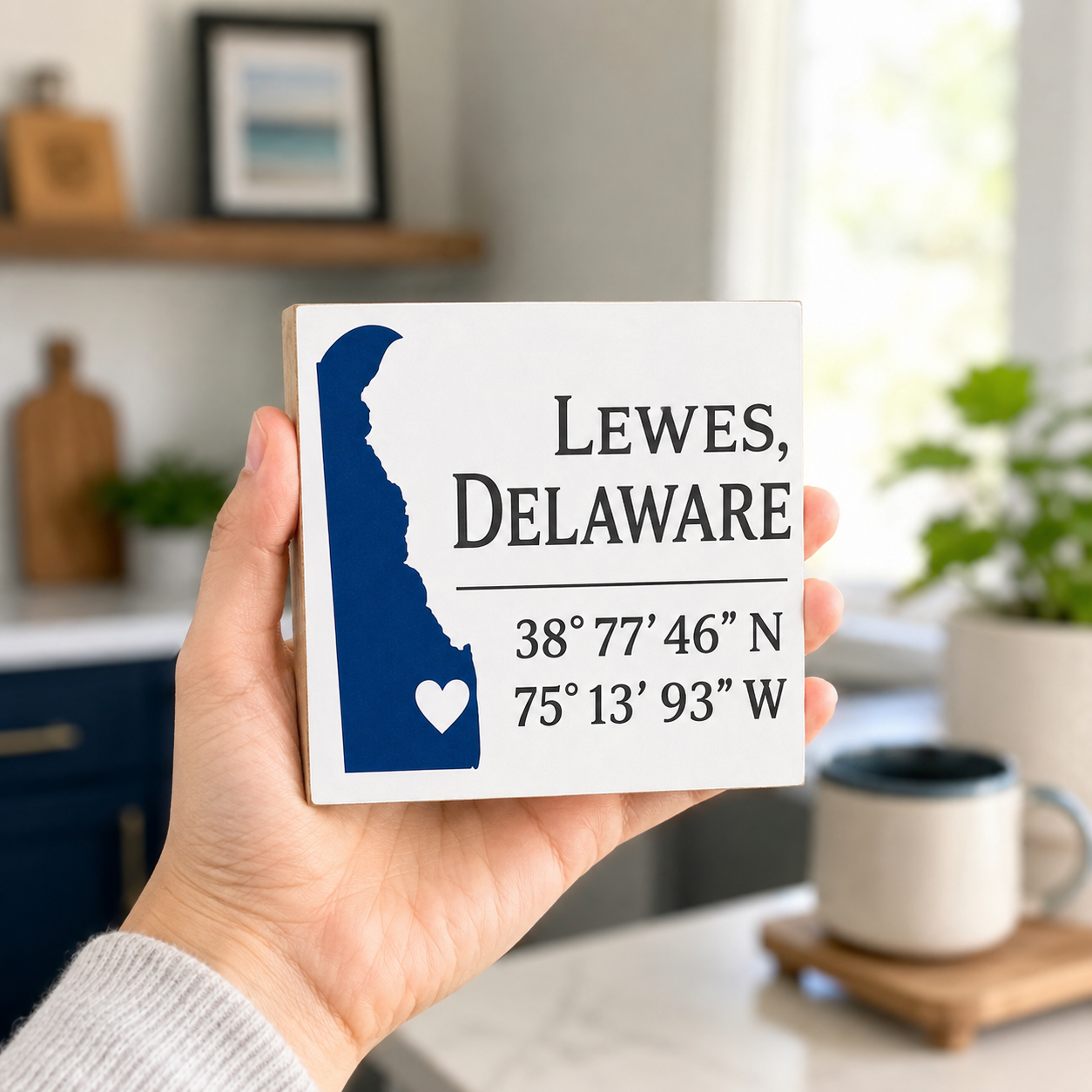 A hand holds a square white decorative tile or coaster featuring the text 'Lewes, Delaware' with geographic coordinates and a blue silhouette of Delaware, shown in a softly blurred kitchen setting.