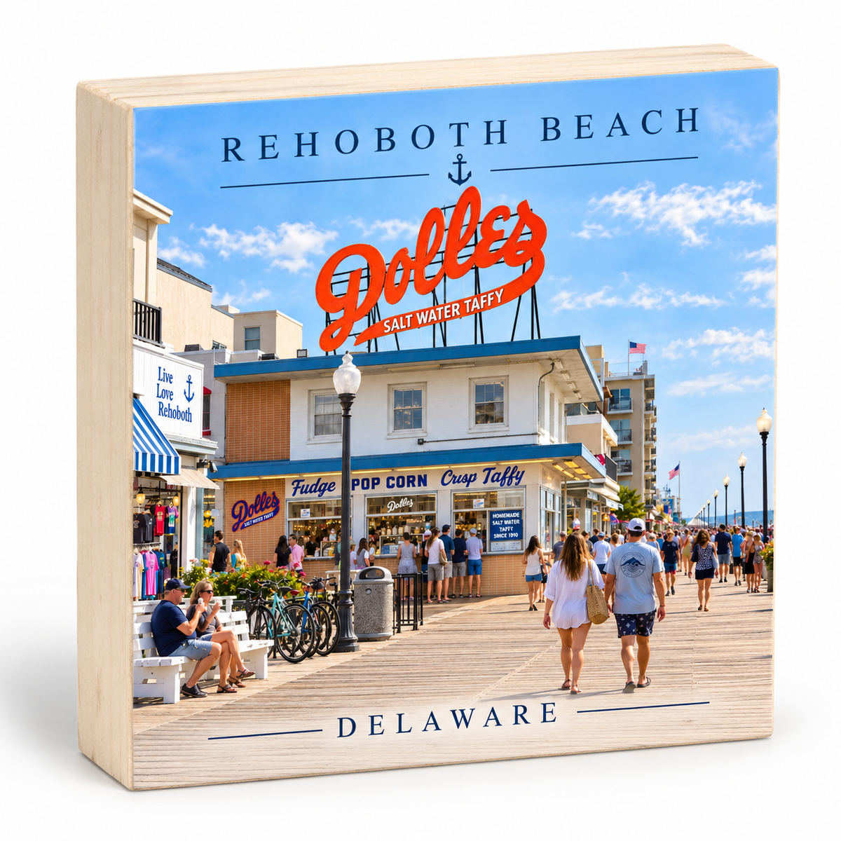 A square wooden block sign featuring a printed photograph of Rehoboth Beach in Delaware, with large red 'Doller's' signage and the words 'REHOBOTH BEACH' and 'DELAWADE' printed on the front. The sign is photographed on a clean white background.