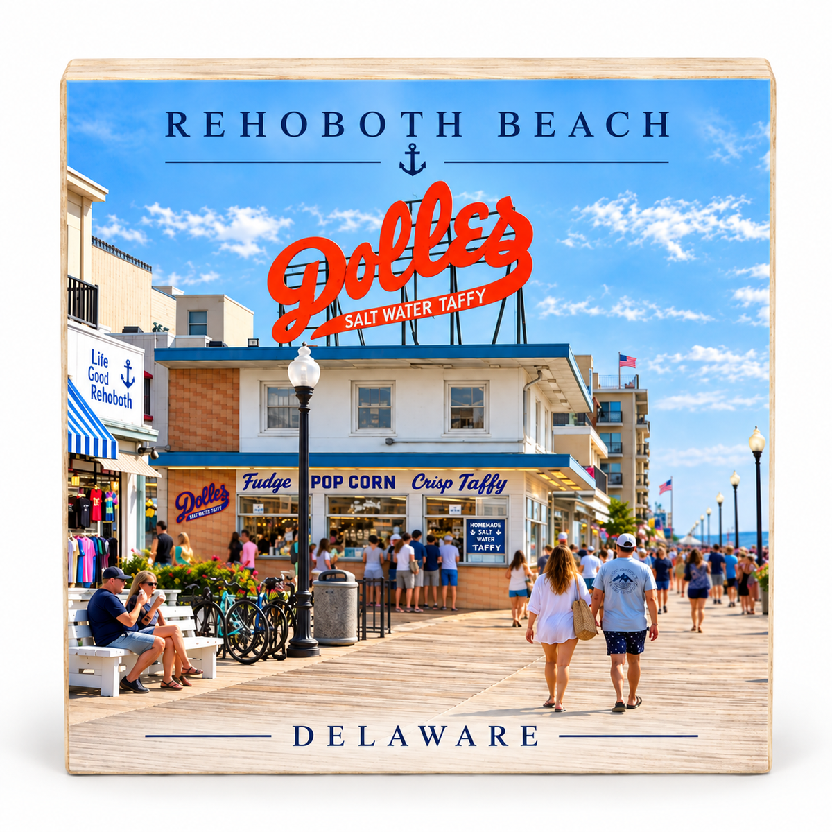 A square wooden sign featuring a printed photograph of Rehoboth Beach in Delaware, with the large red 'Doller's' sign and 'REHOBOOTH BEACH' text at the top and 'DELAWADE' at the bottom. The sign is shown standing upright against a plain white background.