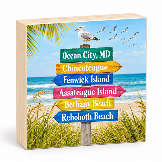 A square wooden block sign featuring a beach scene with a seagull on a signpost pointing to Ocean City, MD, Chincoteague, Fenwick Island, Assateague Island, Bethany Beach, and Rehoboth Beach, shown on a white background.