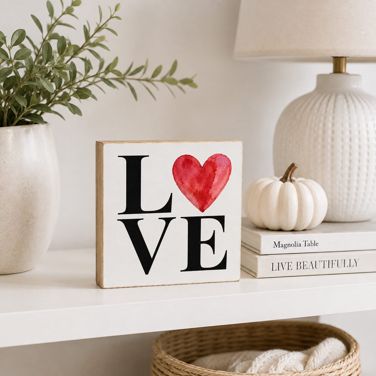 A square decorative sign with the word LOVE, where the O is replaced by a red watercolor heart, displayed on a white shelf next to a potted plant, a small white pumpkin, and books.