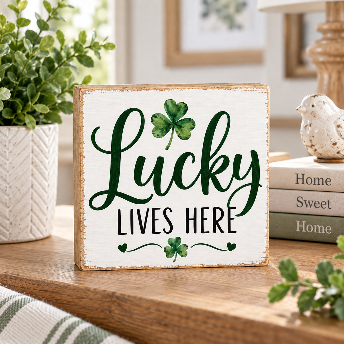 A square white wooden sign with a rustic finish stands on a wooden table. The sign features the phrase 'Lucky Lives Here' in dark green and black lettering, decorated with two green shamrocks.