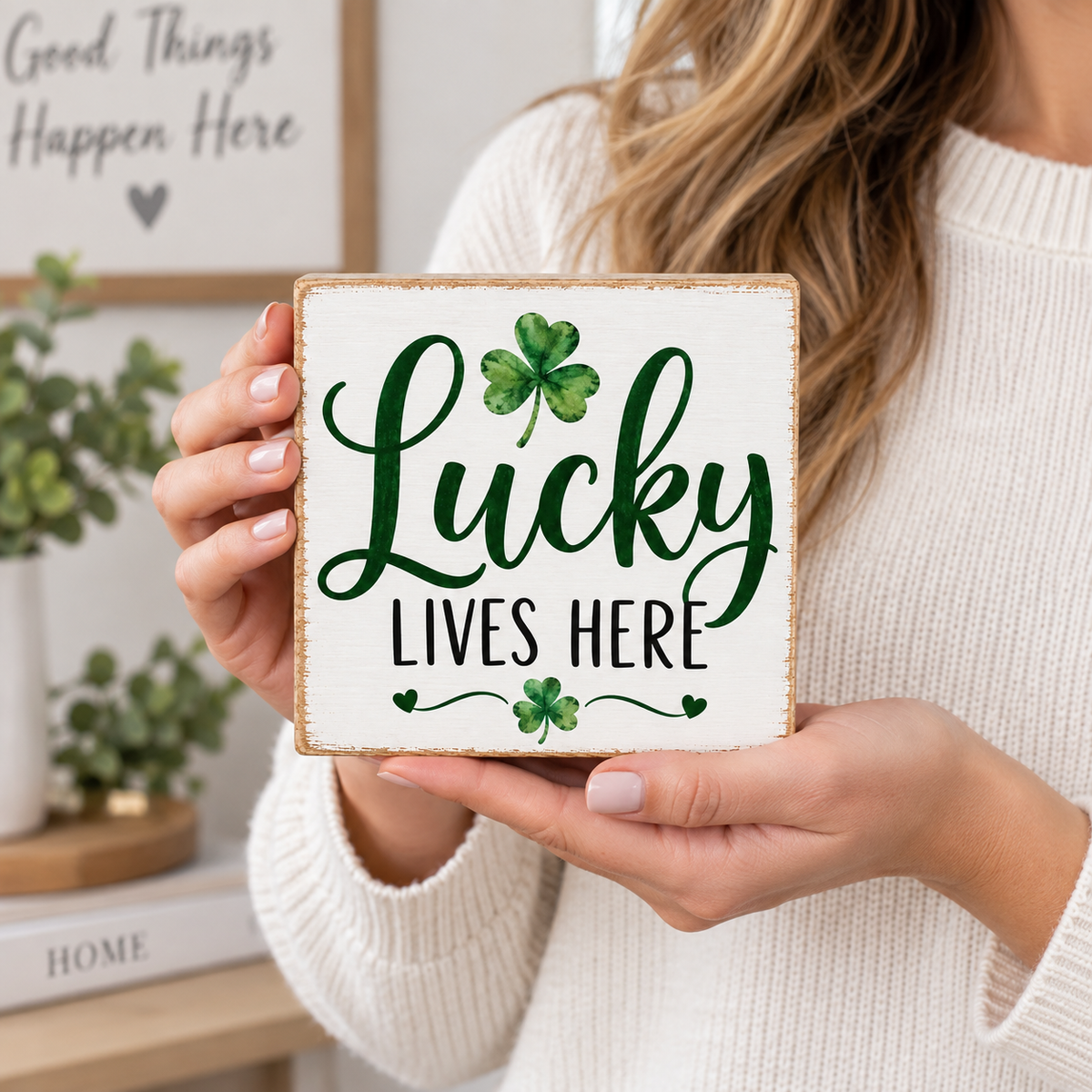 A person in a cream knit sweater holds a square decorative sign that reads “Lucky Lives Here” with green shamrock accents. The background shows a softly blurred home interior with a framed sign and small plants.