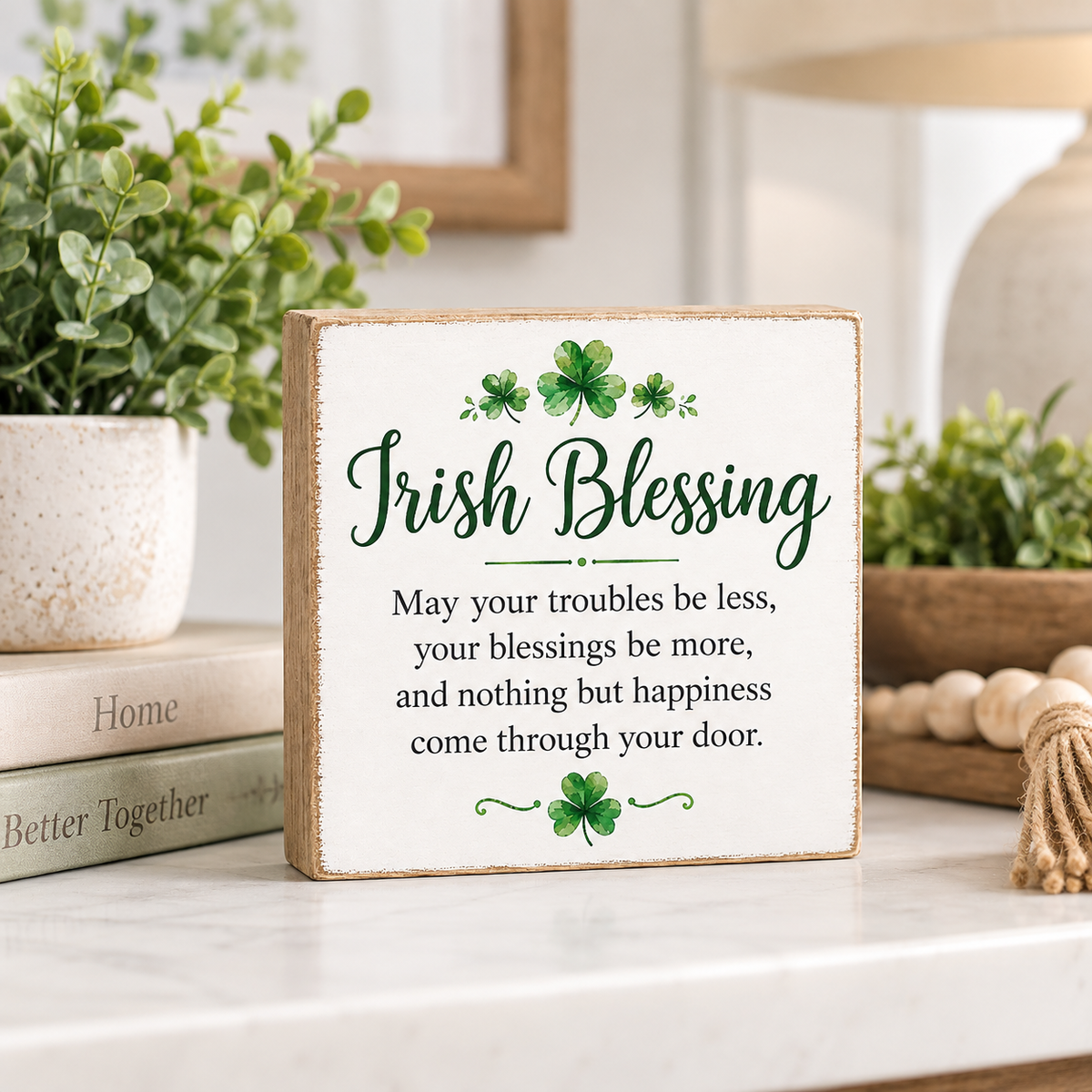 A square decorative sign with a rustic wood border and a white face, printed with the phrase 'Irish Blessing' and a short blessing in dark green text. The sign is styled on a marble surface next to stacked books and potted plants.