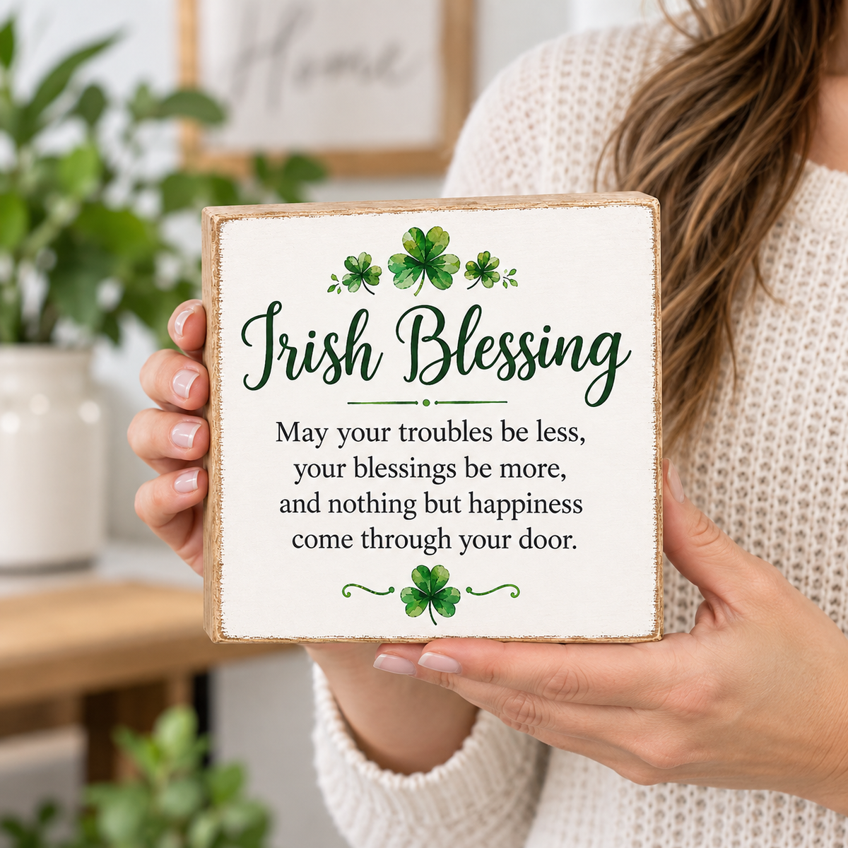 A woman in a white knit sweater holds a square decorative sign that reads 'Irish Blessing' with shamrock graphics and a short blessing quote. The sign has a natural wood border and is photographed in a softly blurred indoor setting with plants in the background.