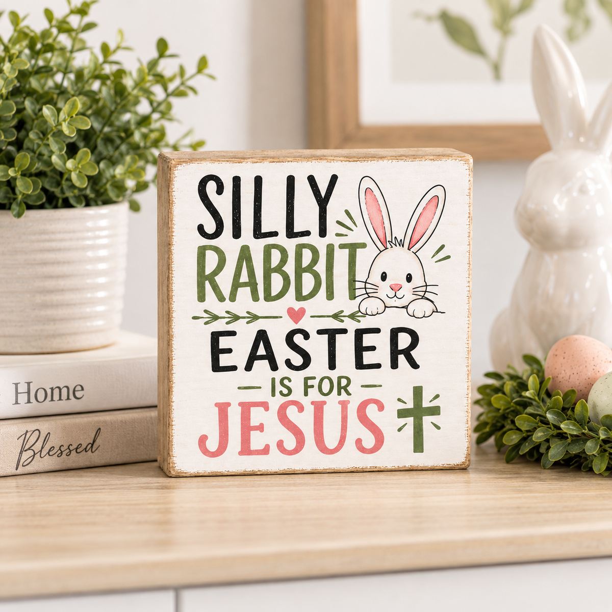A square wooden decorative sign with a distressed cream background and the text 'SILLY RABBIT EASTER IS FOR JESUS' in black, green, and pink lettering, with a cartoon rabbit illustration. The sign is styled on a light wood surface with a potted plant, books, a ceramic bunny, and pastel eggs in the background.