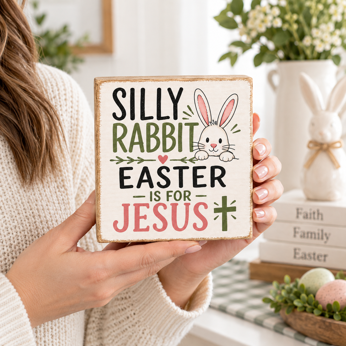 A person in a cream knit sweater holds a square decorative wooden sign that reads “SILLY RABBIT EASTER IS FOR JESUS” with a bunny illustration. The background shows a cozy Easter-themed room with a white bunny figurine, books, and greenery.