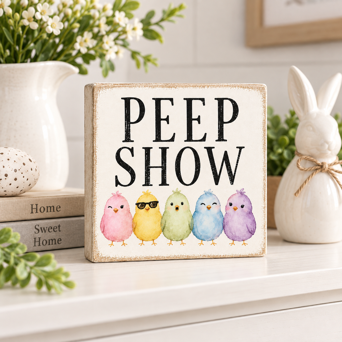 A square decorative sign with the words “PEEP SHOW” in large black letters above five pastel watercolor chicks, displayed on a tabletop in a styled home setting with a ceramic bunny, flowers, and books.