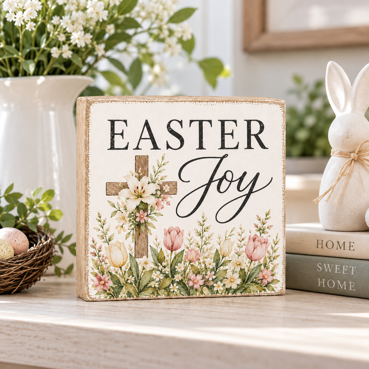 A square decorative sign with a distressed cream background and rustic wood edges, reading “EASTER Joy” above a floral cross and pastel flowers. The sign is styled on a tabletop with a white pitcher of flowers, a small basket with eggs, books, and a ceramic bunny figurine in the background.
