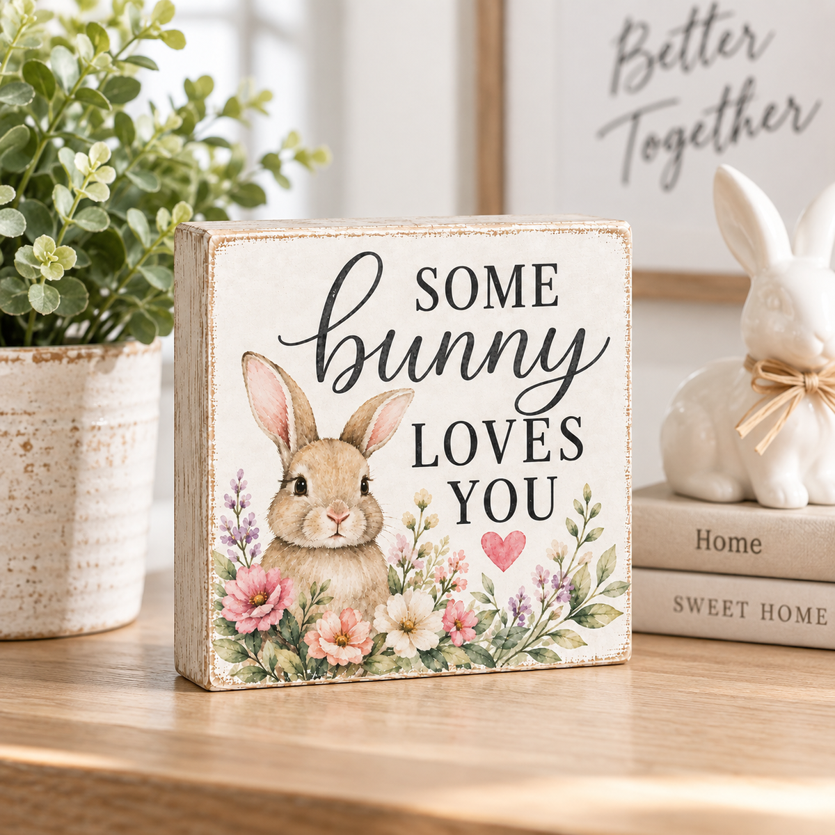 A decorative wooden sign with a bunny illustration and the phrase “SOME bunny LOVES YOU” stands on a wooden surface in a styled room scene. A potted plant is on the left, and a white bunny figurine on stacked books is on the right.