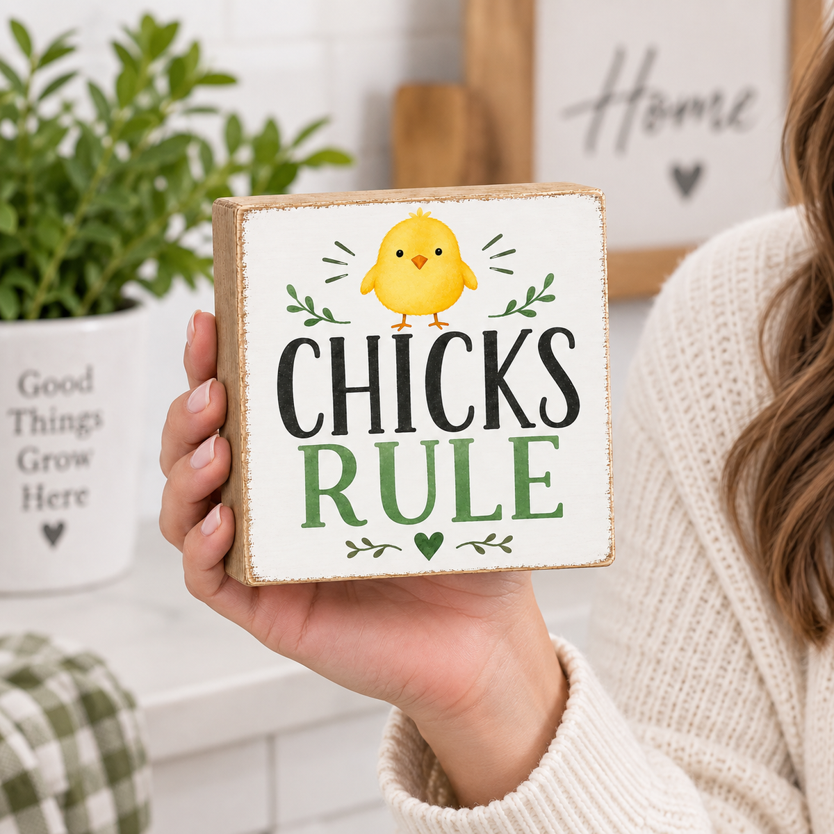 A person in a cream knit sweater holds a square wooden sign that reads “CHICKS RULE” with a yellow chick illustration. The background shows a cozy home interior with a potted plant and a framed sign.