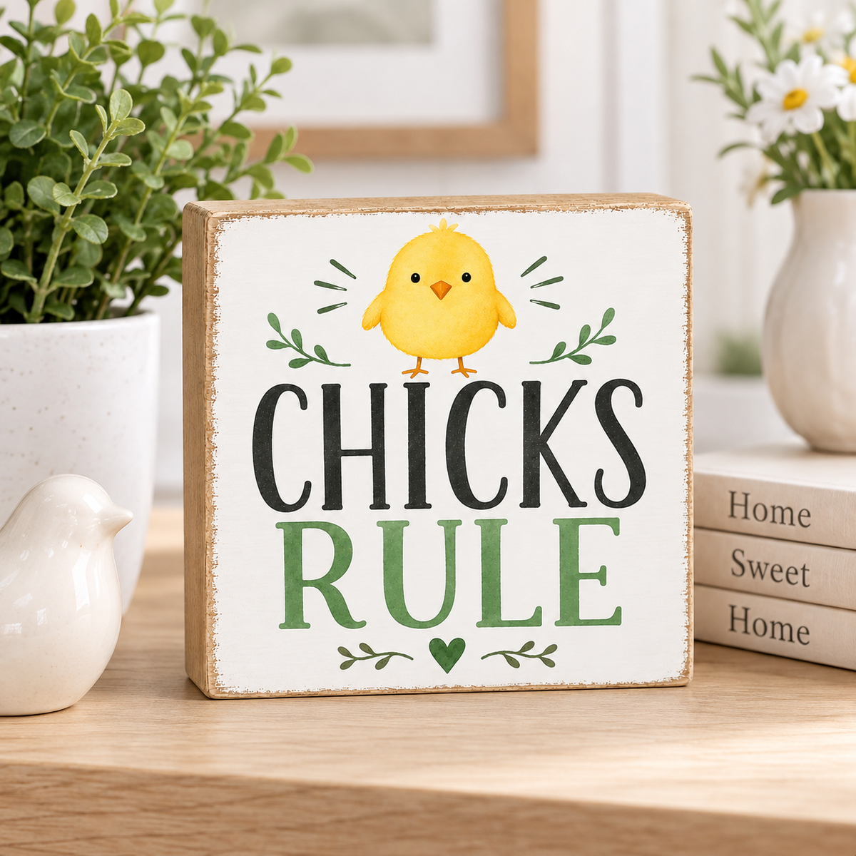 A square decorative wooden sign with a distressed white face and natural wood edges, featuring the phrase “CHICKS RULE” in black and green lettering beneath a small yellow chick illustration. The sign is styled on a light wood tabletop with potted greenery, a ceramic bird figurine, and stacked books in the background.