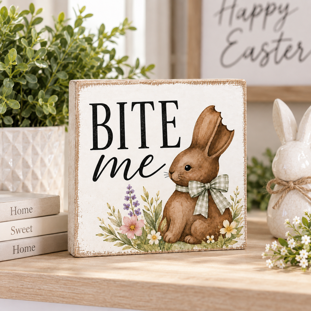 A square decorative sign with a distressed white background featuring the words 'BITE me' in black script and serif fonts, an illustration of a brown bunny wearing a green plaid bow, and small floral details. The sign is styled on a wooden shelf next to books, a potted plant, and a ceramic bunny figurine.