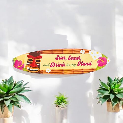 Tropical Surfboard and Tiki Bar Sign, Sun Sand Drink in Hand Surfboard, Weather Resistant, Beach and Coastal Home Decor, 5 Foot