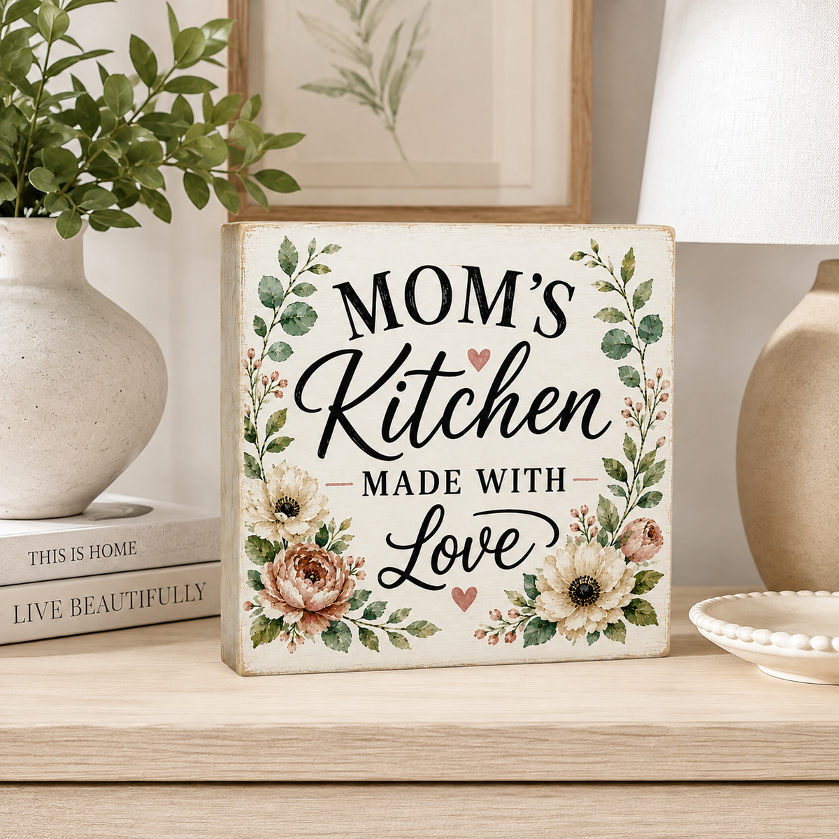 A square decorative sign with the phrase “MOM’S Kitchen MADE WITH Love” in black script, surrounded by floral illustrations in beige, green, and soft pink. The sign is styled on a light wood shelf next to a ceramic vase with greenery, a framed print, and a lamp.