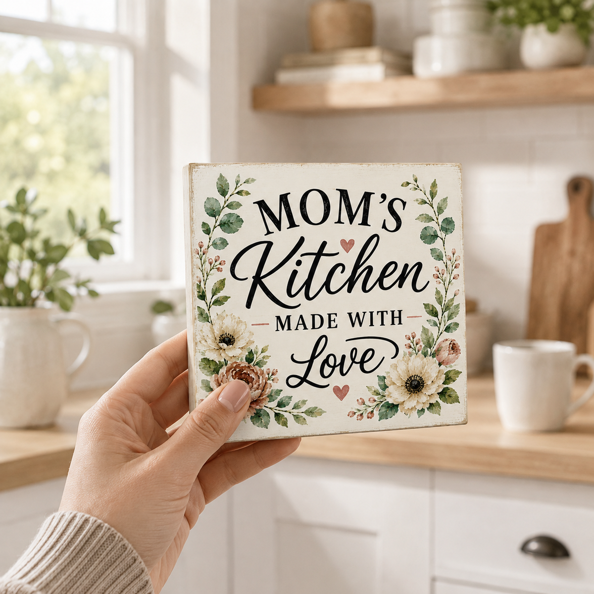 A hand holds a square decorative sign that reads “MOM’S Kitchen MADE WITH Love” in black script, surrounded by floral illustrations. The background shows a softly blurred kitchen interior with white cabinets, a wooden shelf, and plants.