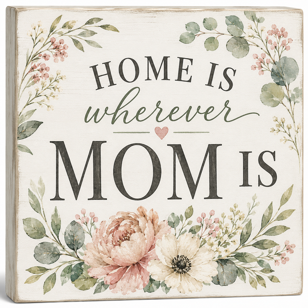 Decorative sign with floral design and text 'Home is wherever Mom is' on a white background.